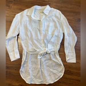 Maeve Anthropologie 100% linen white button down tie front high low shirt Sz XS